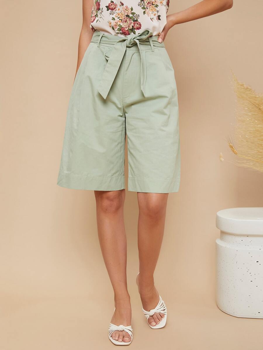 SHEIN Shorts Auto Ajustables Sólidos Con Cinturón - verde menta - Ver 1