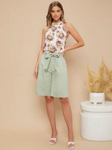 SHEIN Shorts Auto Ajustables Sólidos Con Cinturón - verde menta - Ver 3