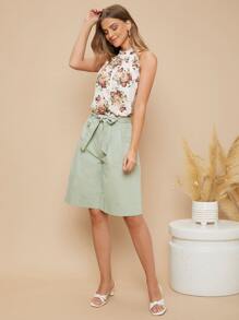 SHEIN Shorts Auto Ajustables Sólidos Con Cinturón - verde menta - Ver 4