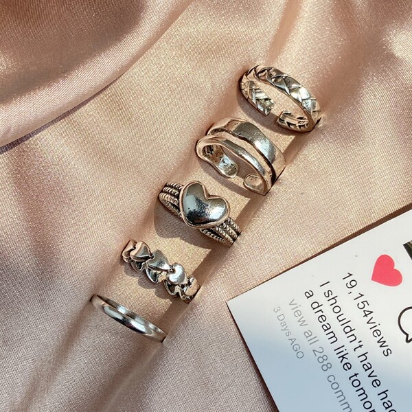 

5pcs Heart Detail Ring, Antique silver