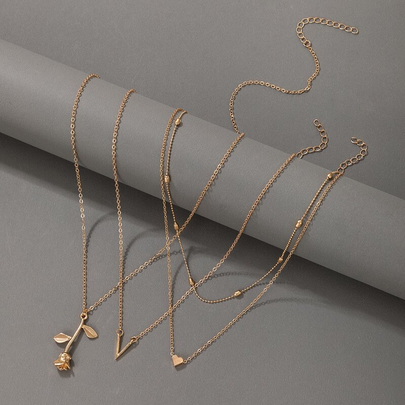 

3pcs Flower & Heart Pendant Necklace, Gold