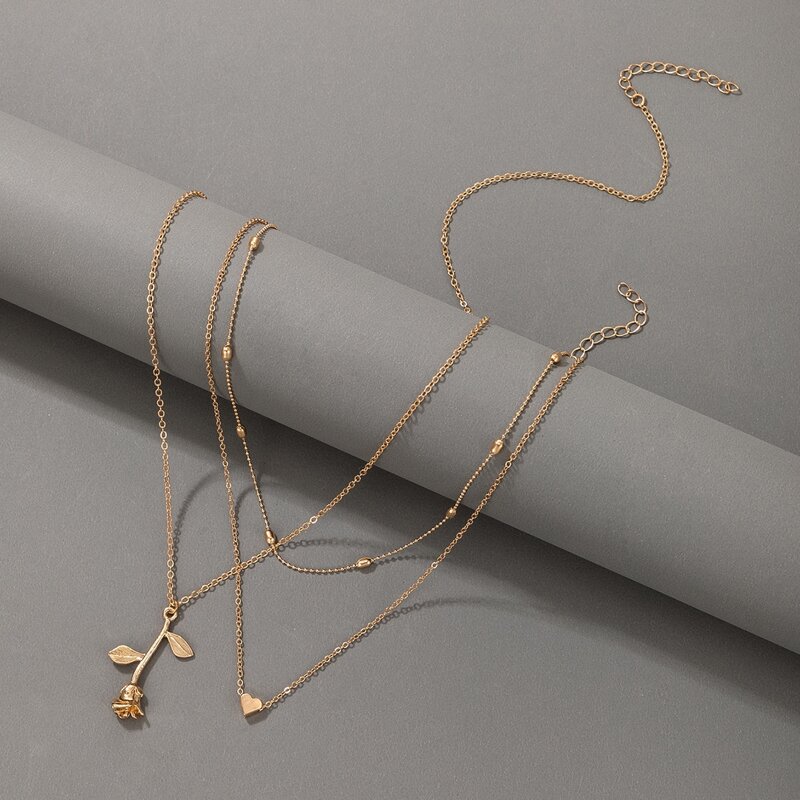 

2pcs Flower & Heart Pendant Necklace, Gold