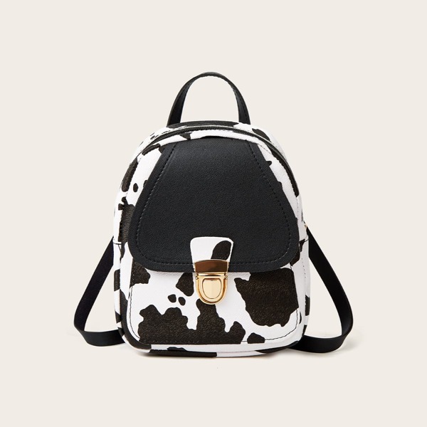 

Cow Pattern Push Lock Backpack, Black and white