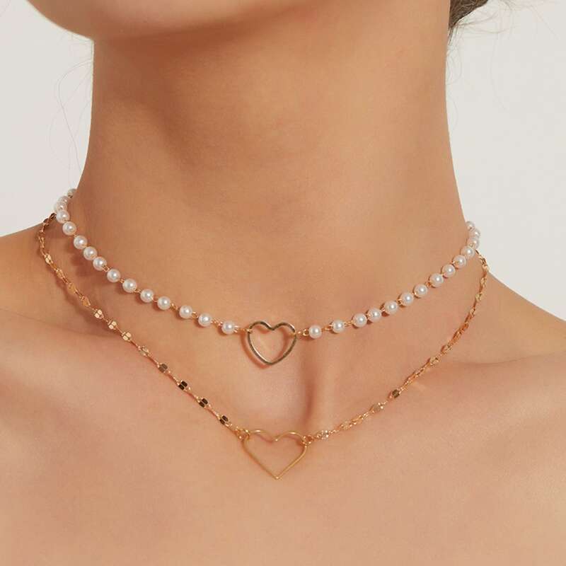 

1pc Heart Double Layered Necklace, Gold