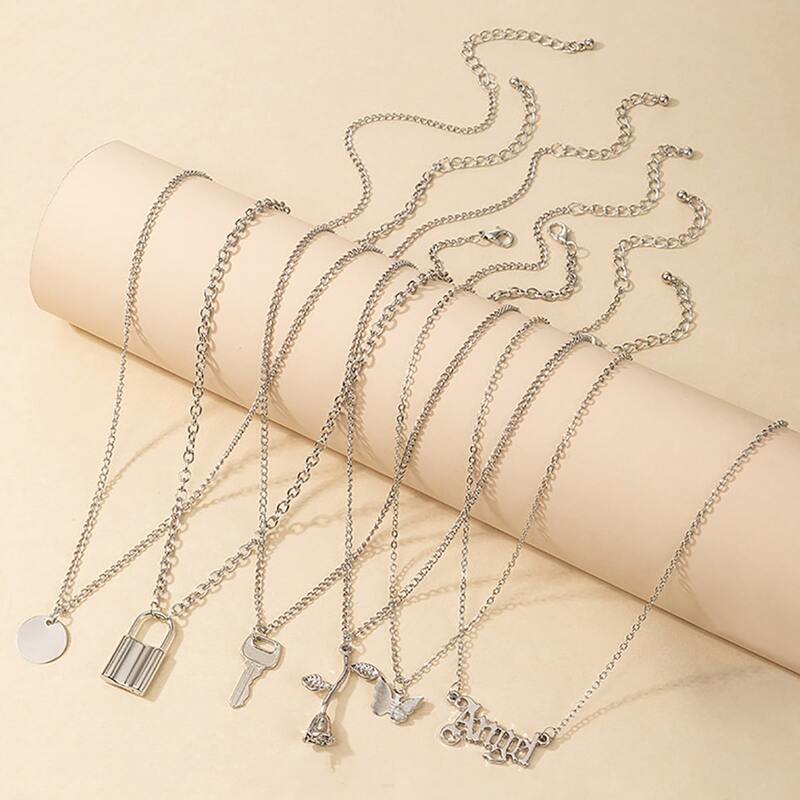 

6pcs Flower & Butterfly Pendant Necklace, Silver