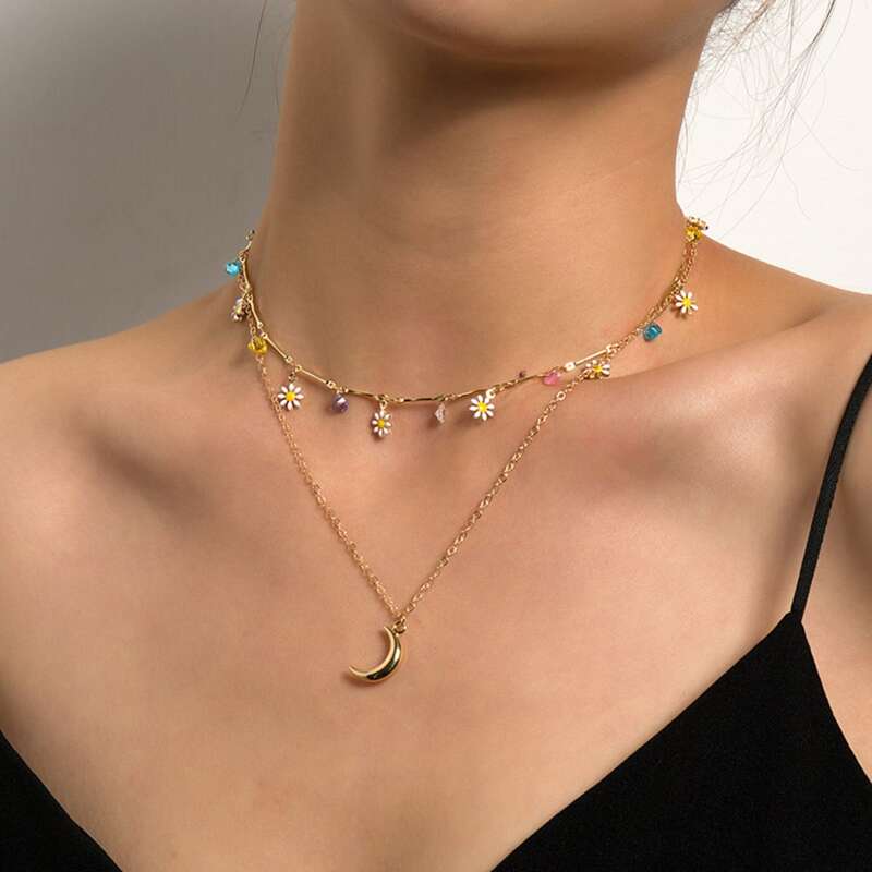 

Flower & Moon Layered Necklace, Gold