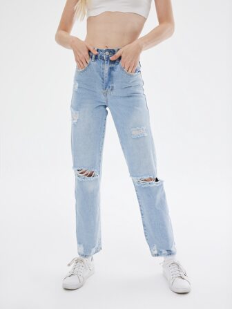 Jeans mit hoher Taille, Riss und weitem Bein