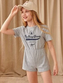 SHEIN Girls Letter Graphic Tee Romper - Light Grey - View 5