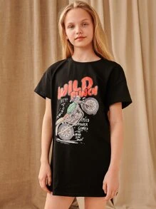 SHEIN Girls Letter & Motorcycle Print Dress - Black - View 1