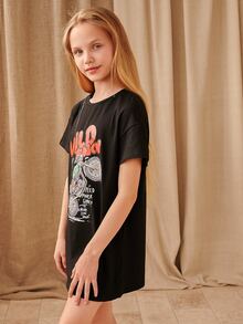 SHEIN Girls Letter & Motorcycle Print Dress - Black - View 3