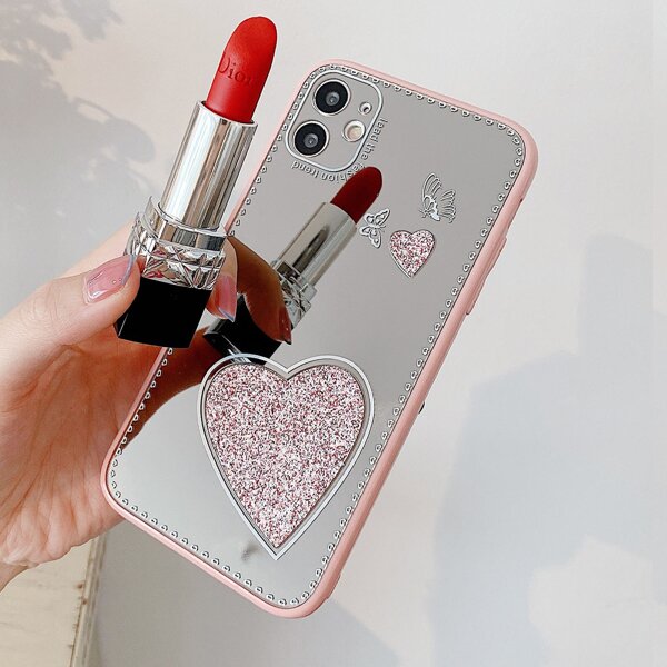 

Rhinestone Decor Heart Mirror Phone Case, Pink