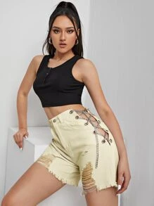 Quần short Denim Nút màu trơn - Màu be - Xem 1