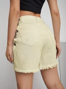 Quần short Denim Nút màu trơn - Màu be - Xem 2
