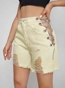 Quần short Denim Nút màu trơn - Màu be - Xem 3