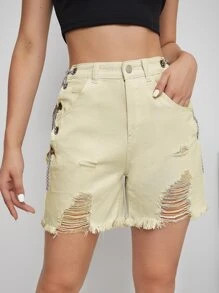 Quần short Denim Nút màu trơn - Màu be - Xem 4