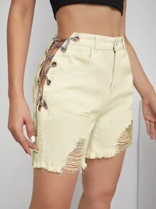 Quần short Denim Nút màu trơn - Màu be - Xem 5