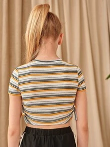 SHEIN Camiseta Para Niñas Con Nudos Recogidos Y Rayas Laterales - Multicolor - Ver 2
