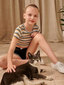 SHEIN Camiseta Para Niñas Con Nudos Recogidos Y Rayas Laterales - Multicolor - Ver 3