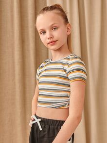 SHEIN Camiseta Para Niñas Con Nudos Recogidos Y Rayas Laterales - Multicolor - Ver 5