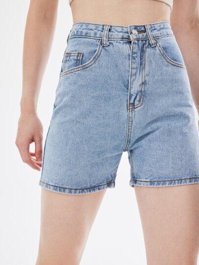 Straight Leg Solid Denim Shorts