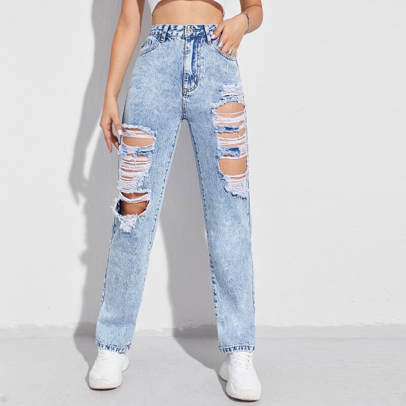 

Zipper Fly Ripped Detail Jeans, Light wash