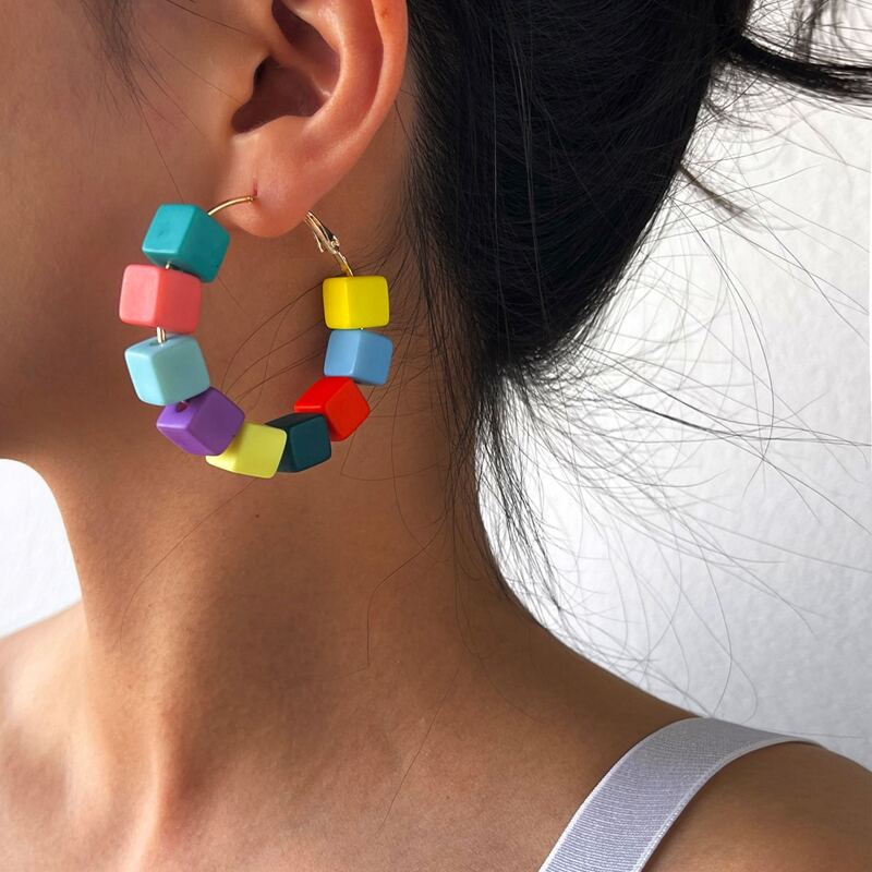 

Color Block Cube Beaded Earrings, Multicolor