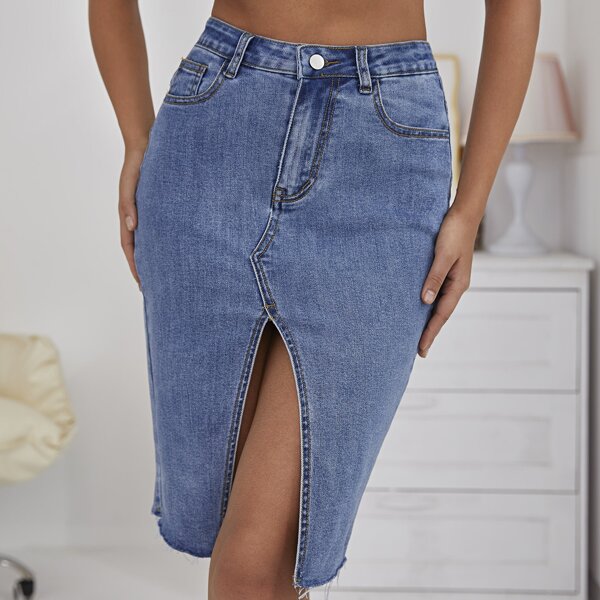 

Zipper Fly Split Hem Denim Skirt, Medium wash