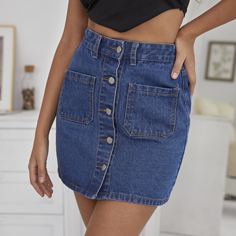 

Button Fly Patch Pocket Denim Skirt, Medium wash