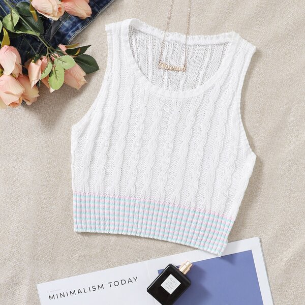 

Scoop Neck Striped Cable Knit Top, White
