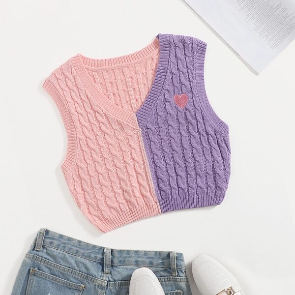 

Color Block Heart Embroidery Cable Knit Sweater Vest, Multicolor