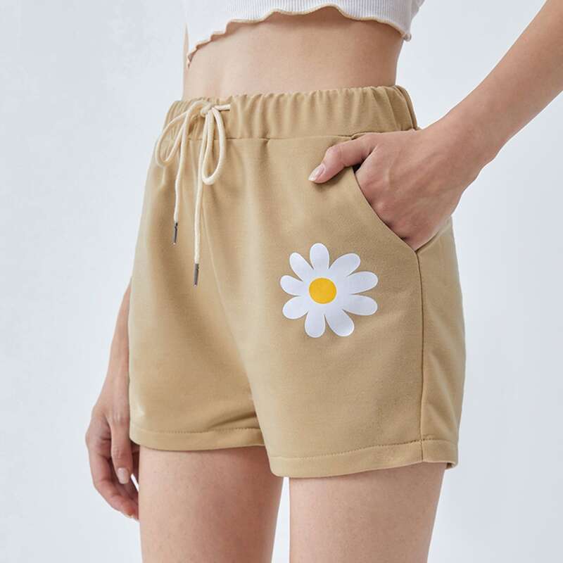 

Floral Graphic Drawstring Shorts, Khaki