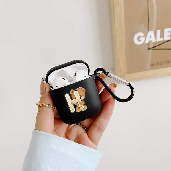 

Cartoon Bear With Letter Graphic AirPods Case, Black