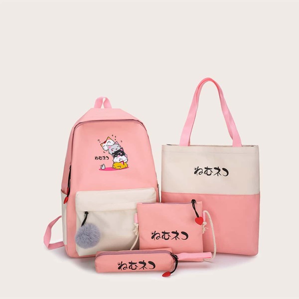 

4pcs Japanese Letter Graphic Backpack Set, Pink