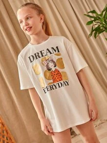 SHEIN Girls Letter & Figure Graphic Dress - Beige - View 1