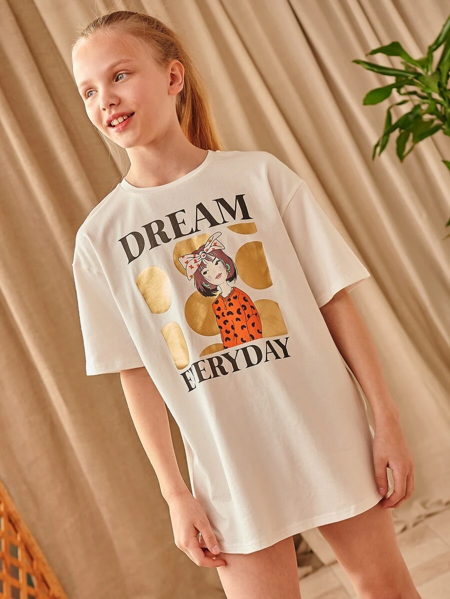 SHEIN Girls Letter & Figure Graphic Dress - Beige - View 1