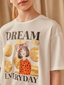 SHEIN Girls Letter & Figure Graphic Dress - Beige - View 3