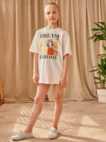 SHEIN Girls Letter & Figure Graphic Dress - Beige - View 5