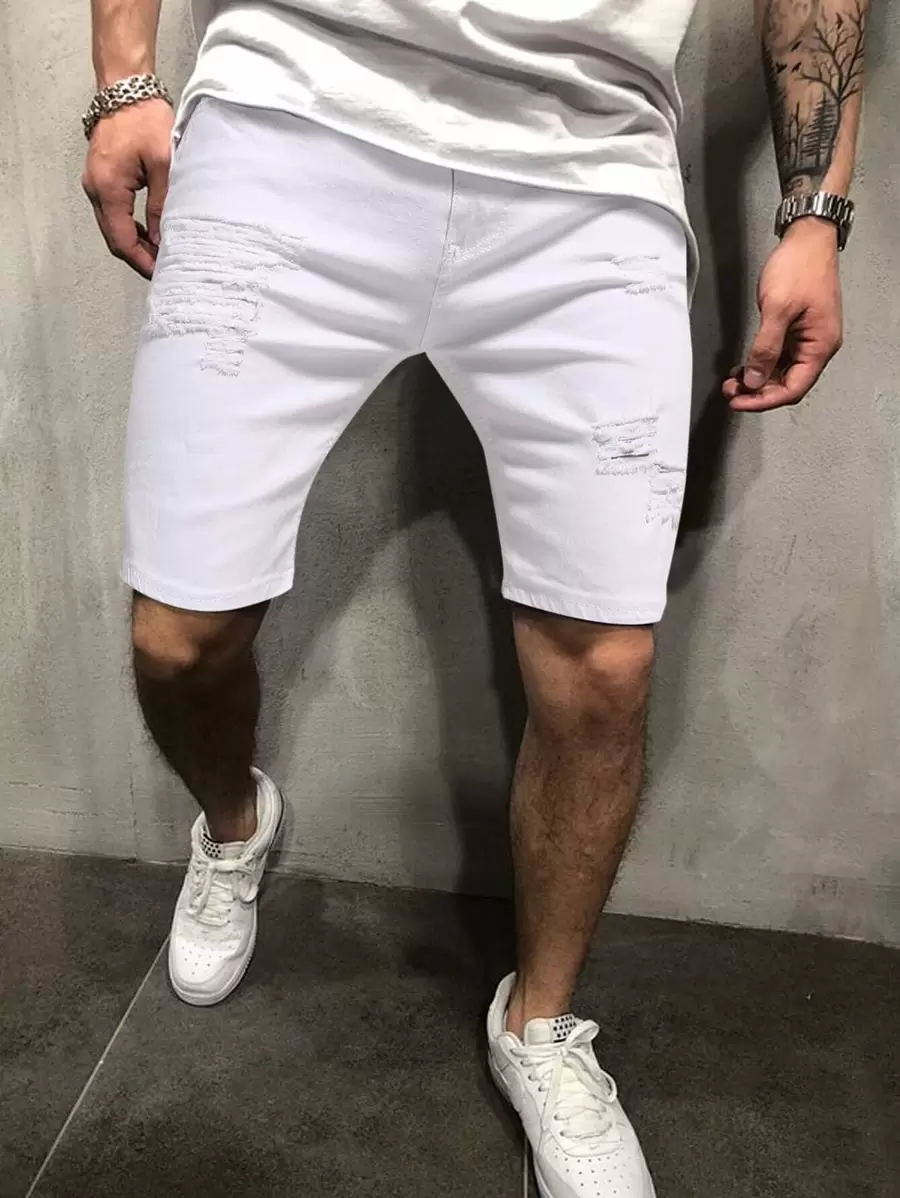 Manfinity Homme Hombres Shorts en mezclilla desgarro - Blanco - Ver 1