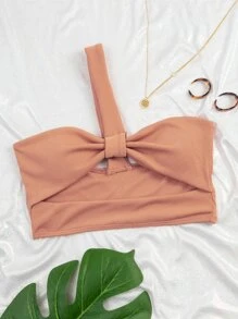 Rib Cut Out One Shoulder Bikini Top, For Summer Beach Vacation - Coral Pink - View 1