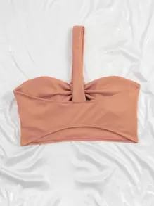 Rib Cut Out One Shoulder Bikini Top, For Summer Beach Vacation - Coral Pink - View 2