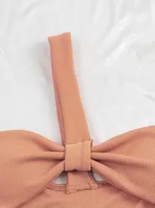 Rib Cut Out One Shoulder Bikini Top, For Summer Beach Vacation - Coral Pink - View 4