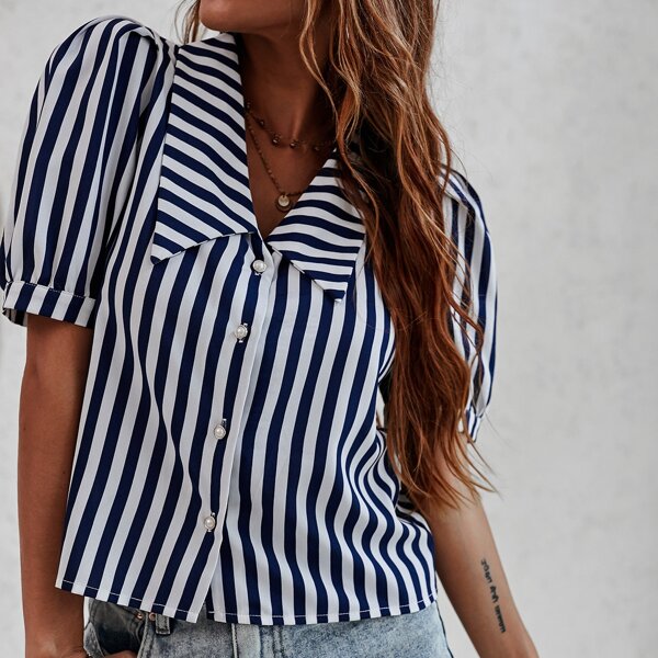 

Striped Puff Sleeve Blouse, Blue and white