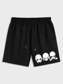 Men Alien Print Drawstring Athletic Shorts - Black - View 1