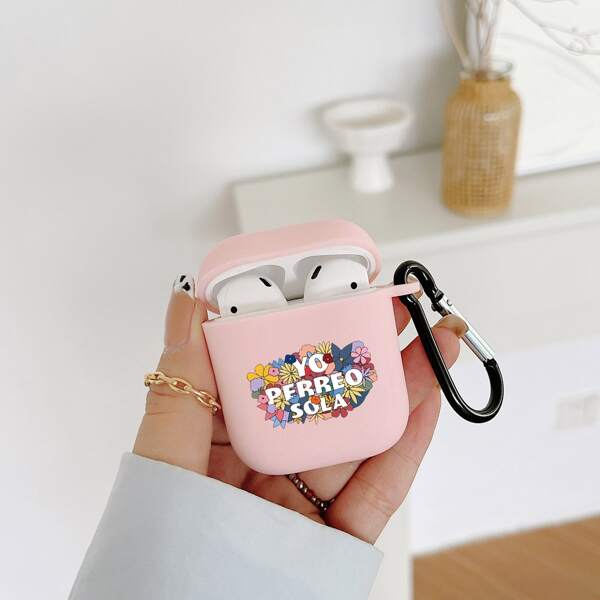 

Чехол для Airpods цветочным рисунком & с текстовым принтом, Розовые
