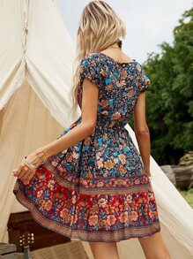 SHEIN VCAY Vestido bajo fruncido escote V con estampado floral azteca - Multicolor - Ver 2