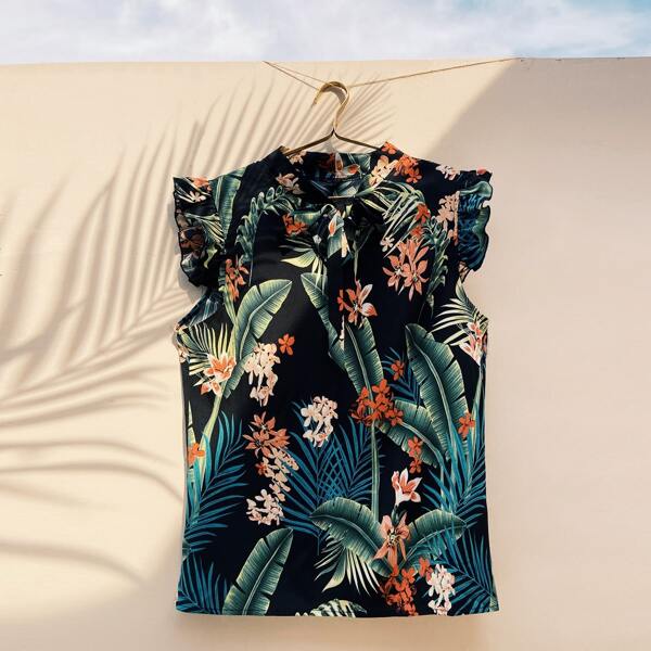 

Plus Floral Tie Neck Blouse, Multicolor