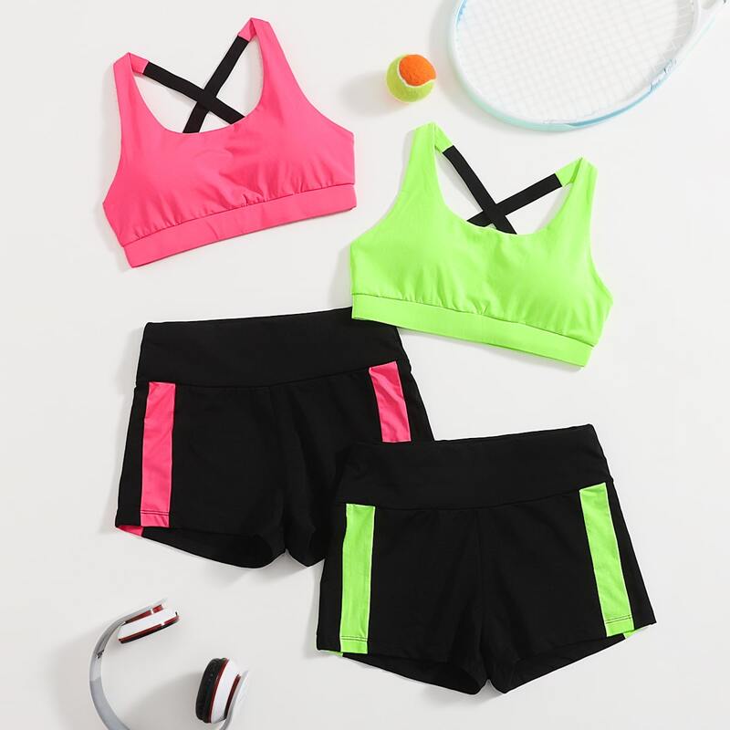 

Crisscross Back Crop 2 Sports Top & 2 Shorts Set, Multicolor