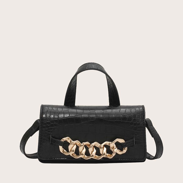 

Chain Decor Croc Embossed Satchel Bag, Black