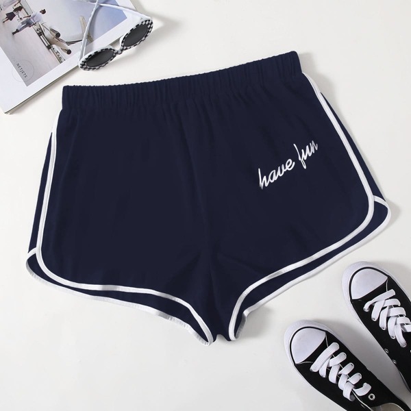 

Plus Contrast Binding Slogan Graphic Dolphin Shorts, Navy blue