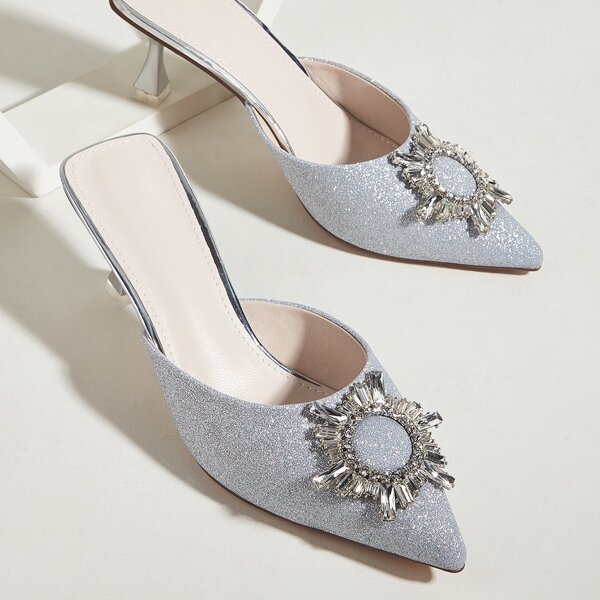 

Rhinestone & Glitter Decor Mule Heels, Silver